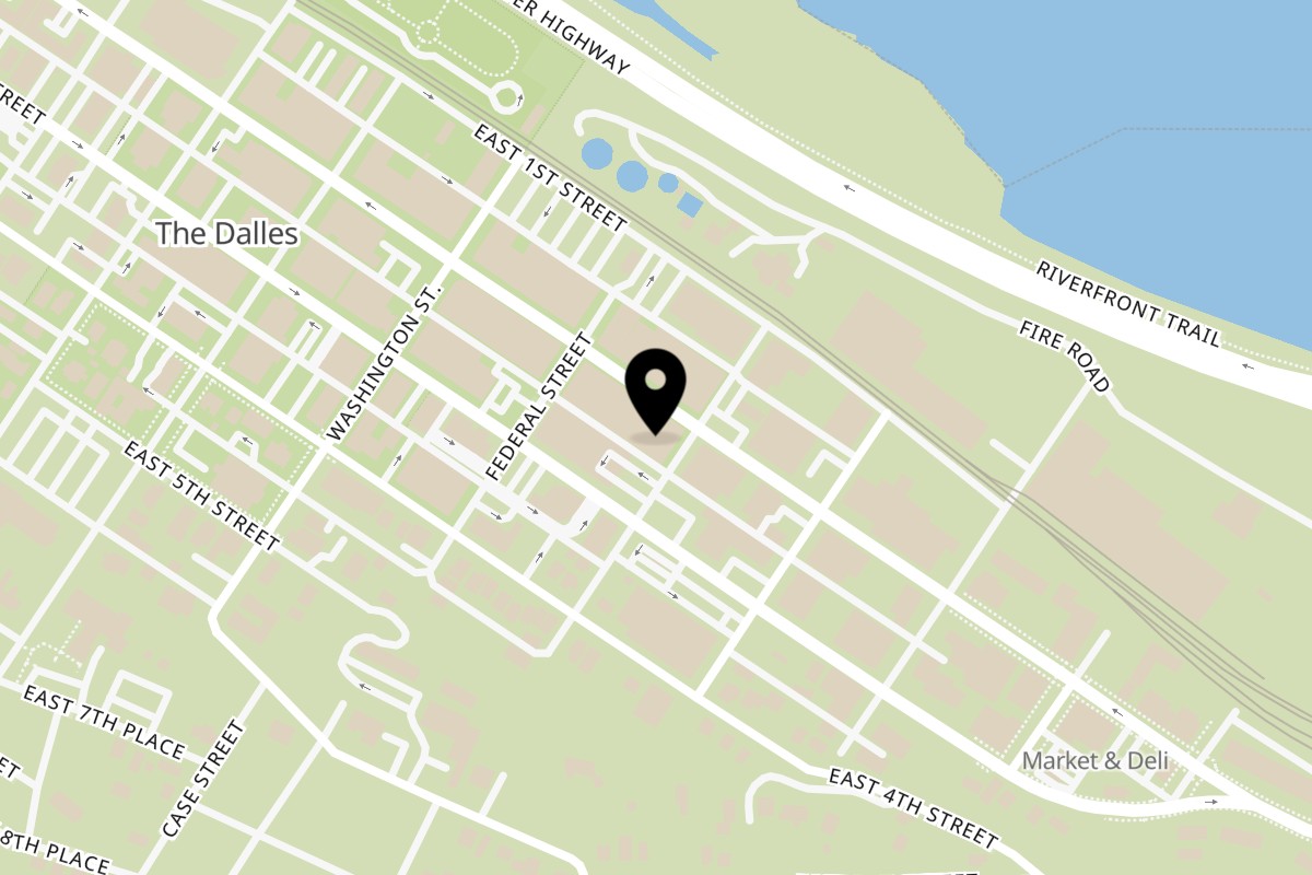Map showing the location of ENZA on 418 E 2nd St in The Dalles